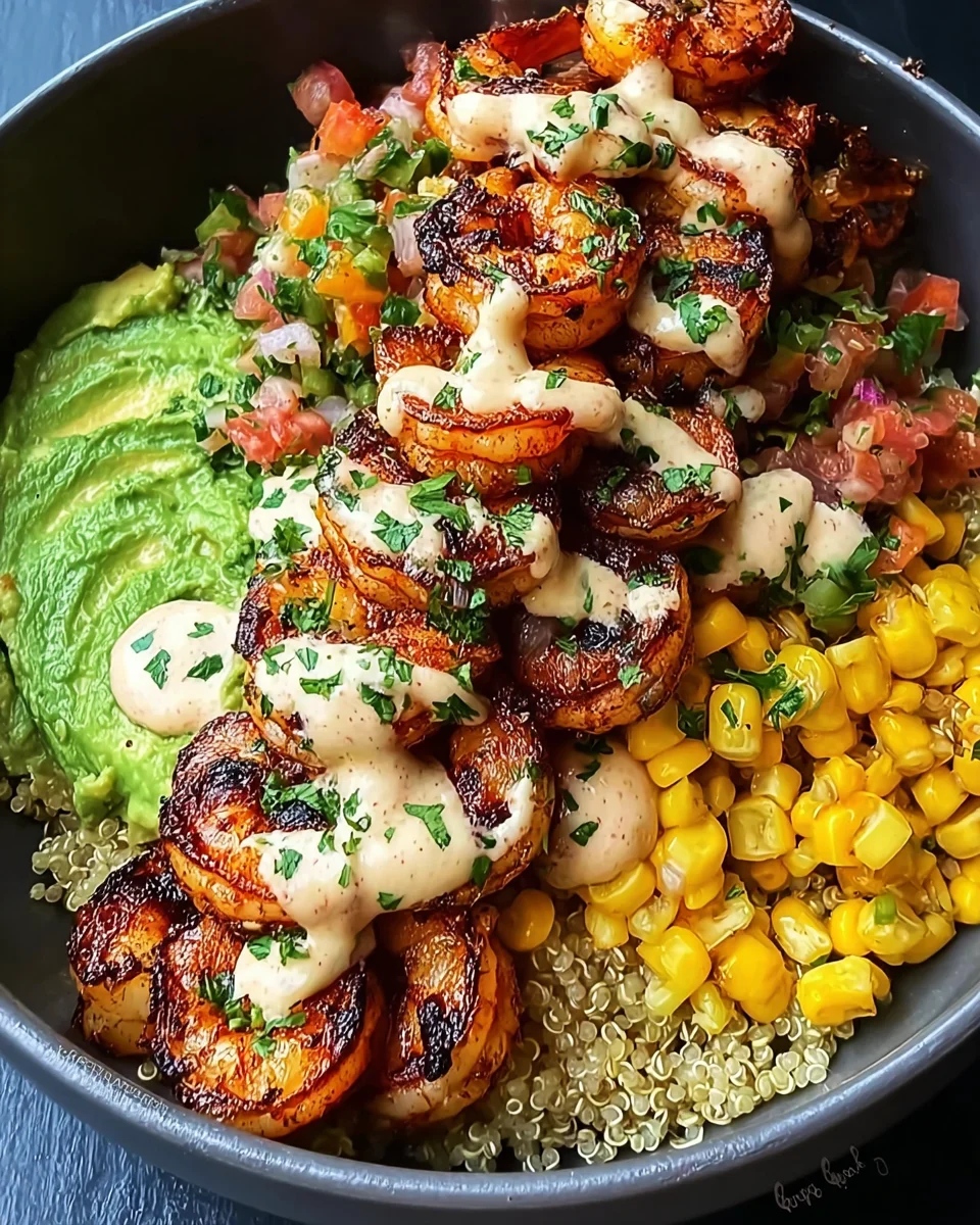 Grilled Shrimp Bowl with Avocado, Corn Salsa & Creamy Sauce
