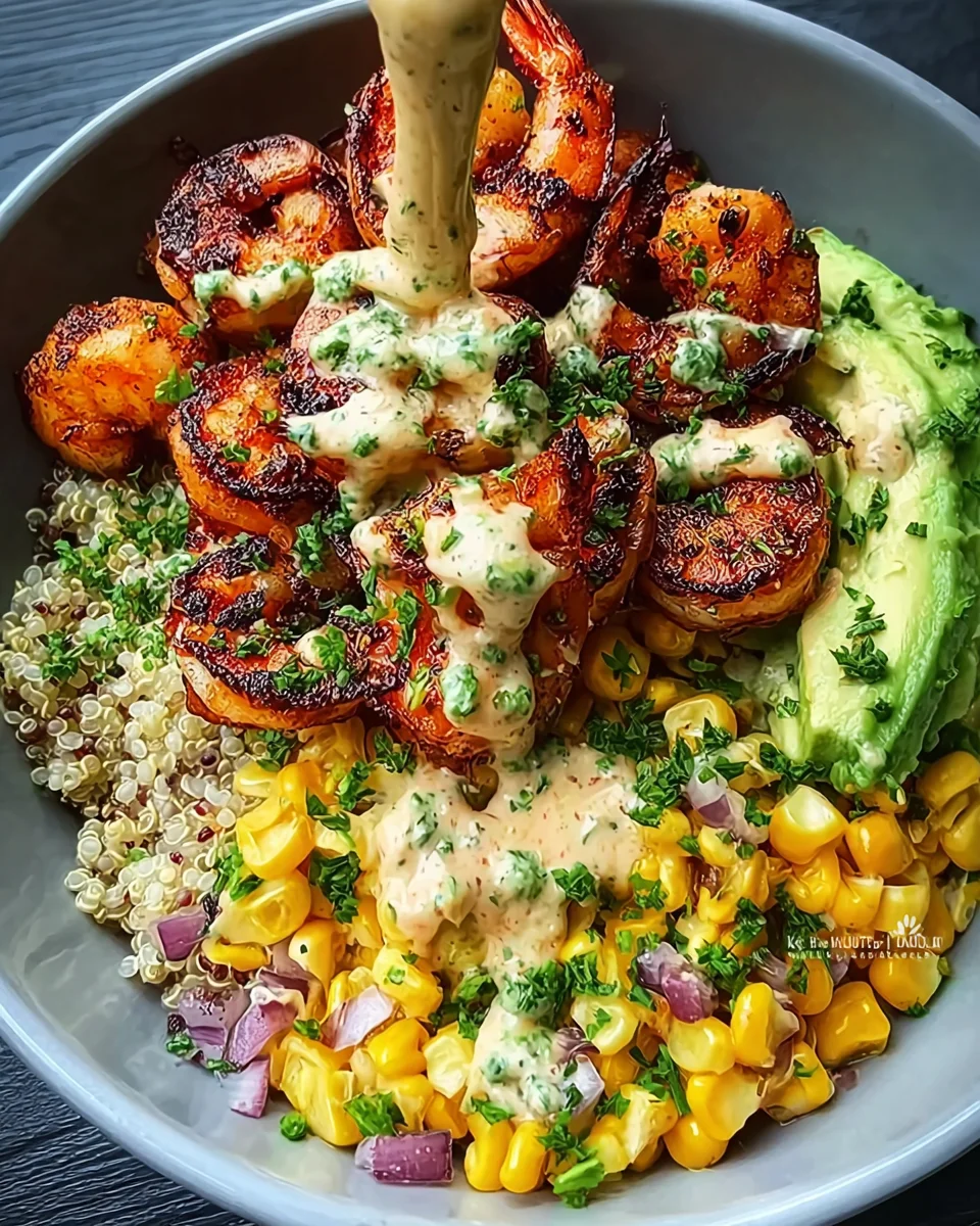 Grilled Shrimp Bowl with Avocado, Corn Salsa & Creamy Sauce 34 Grilled