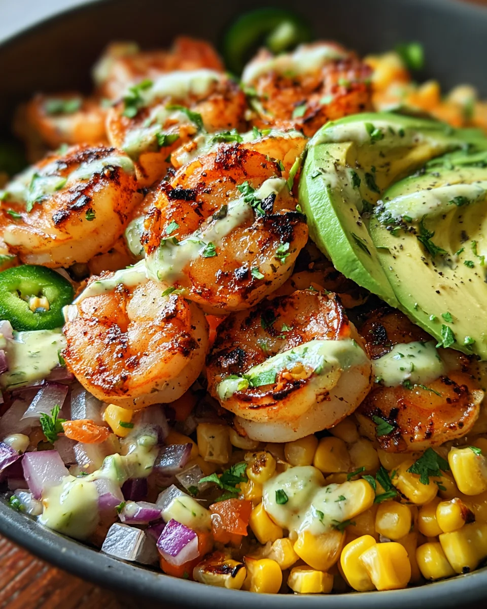 Grilled Shrimp Bowl with Avocado, Corn Salsa & Creamy Garlic Sauce