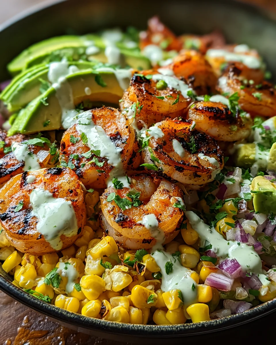 Grilled Shrimp Bowl with Avocado, Corn Salsa & Creamy Garlic Sauce 32 Grilled