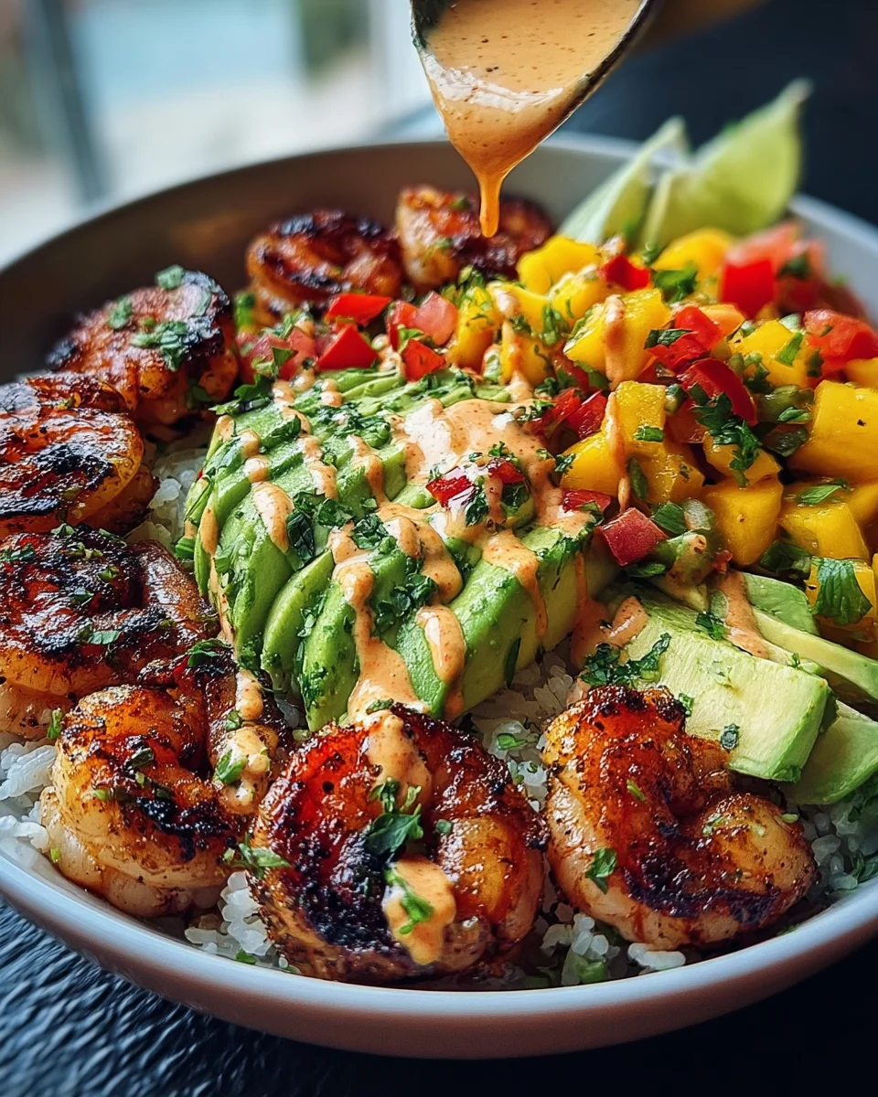 Shrimp and Avocado Bowls with Mango Salsa & Lime-Chili Sauce