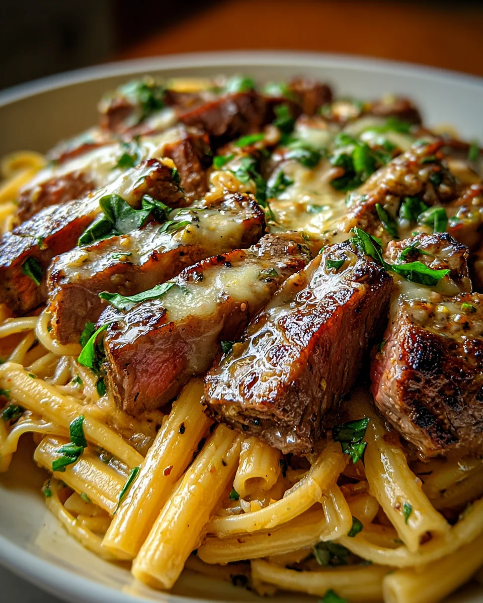 Steak and Creamy Garlic Parmesan Pasta
