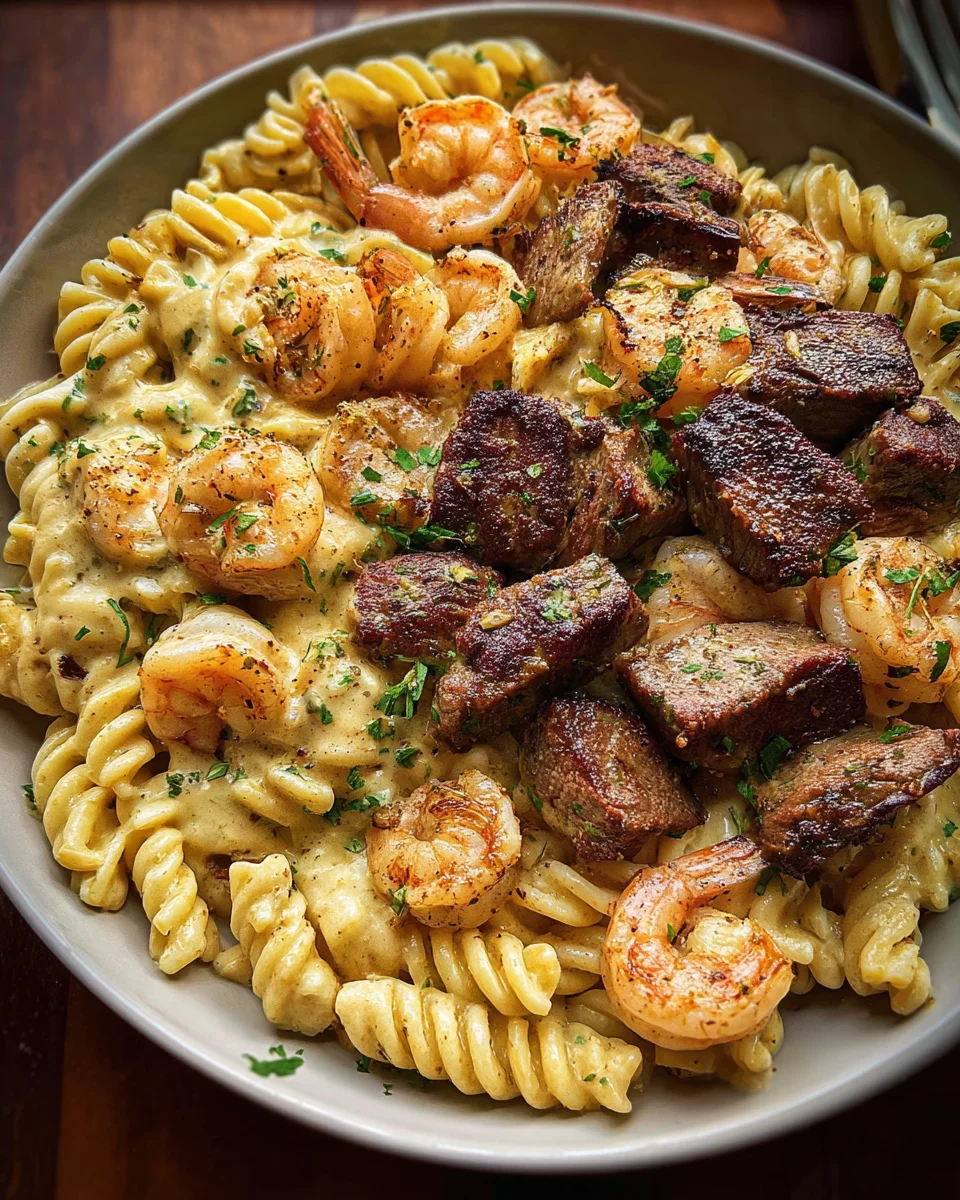 Blackened Steak and Shrimp Alfredo
