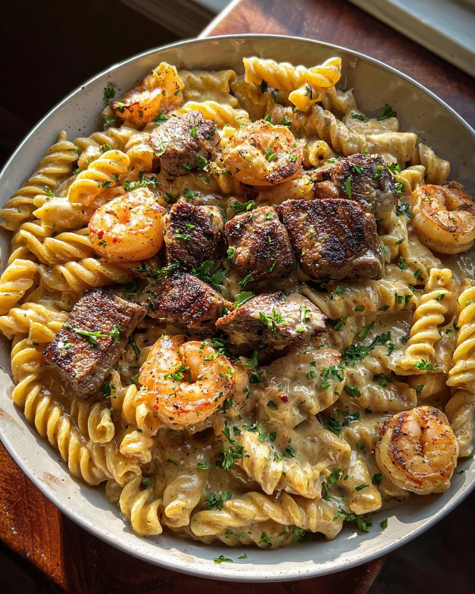 Blackened Steak and Shrimp Alfredo 17 Blackened