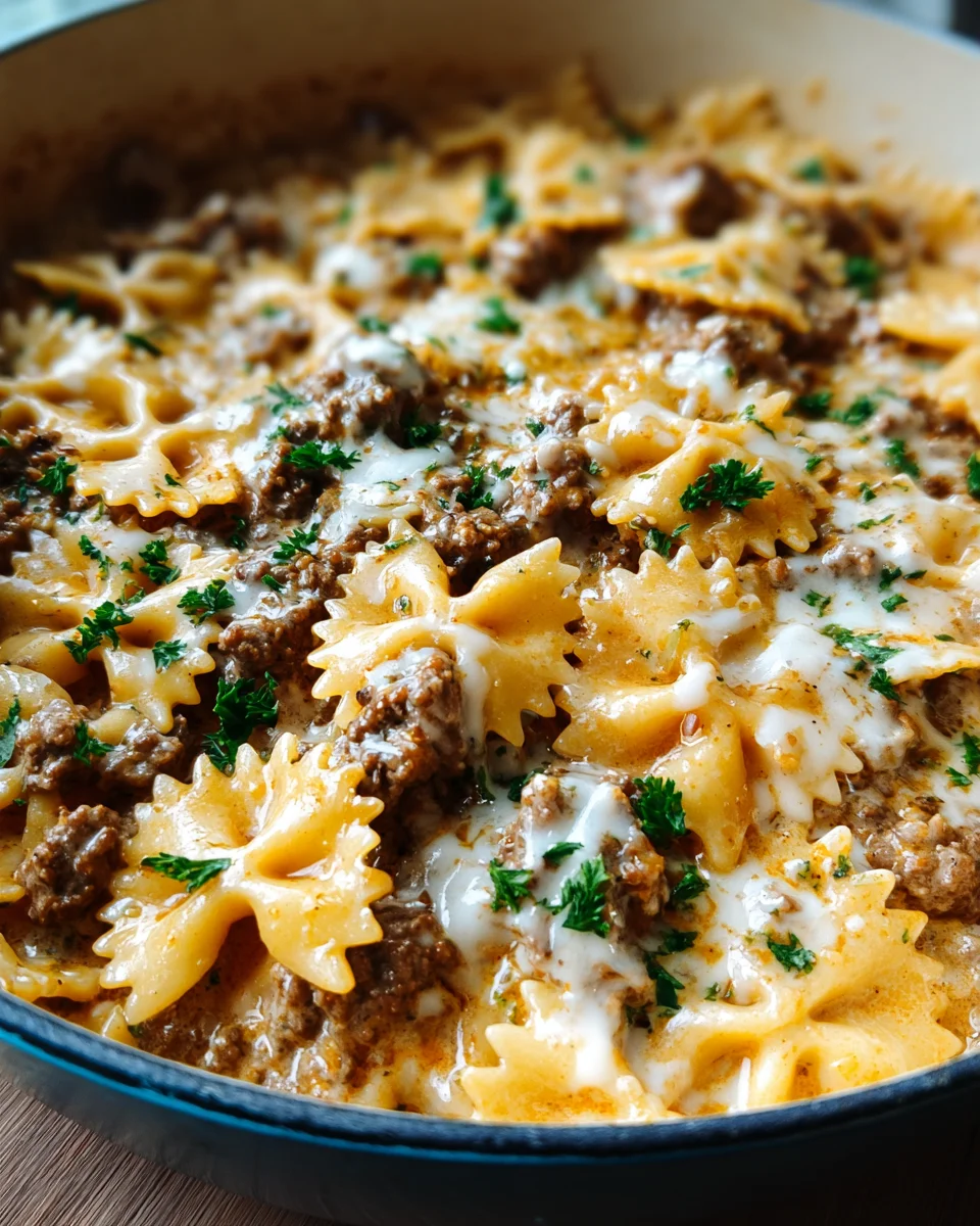 Cheesy Beef and Bowtie Pasta in Garlic Butter