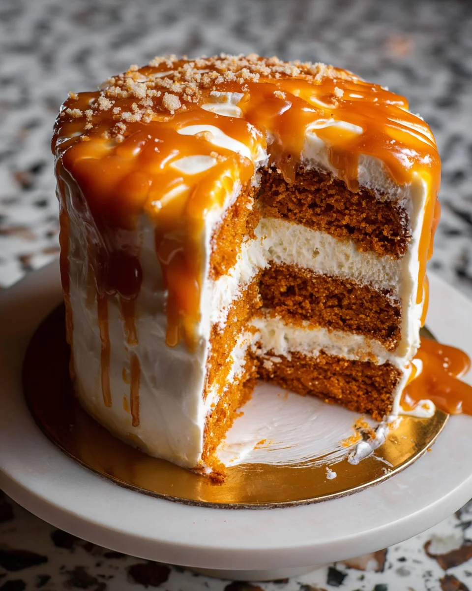Pumpkin Cake with Cream Cheese Frosting and Salted Caramel Drizzle 32 Pumpkin