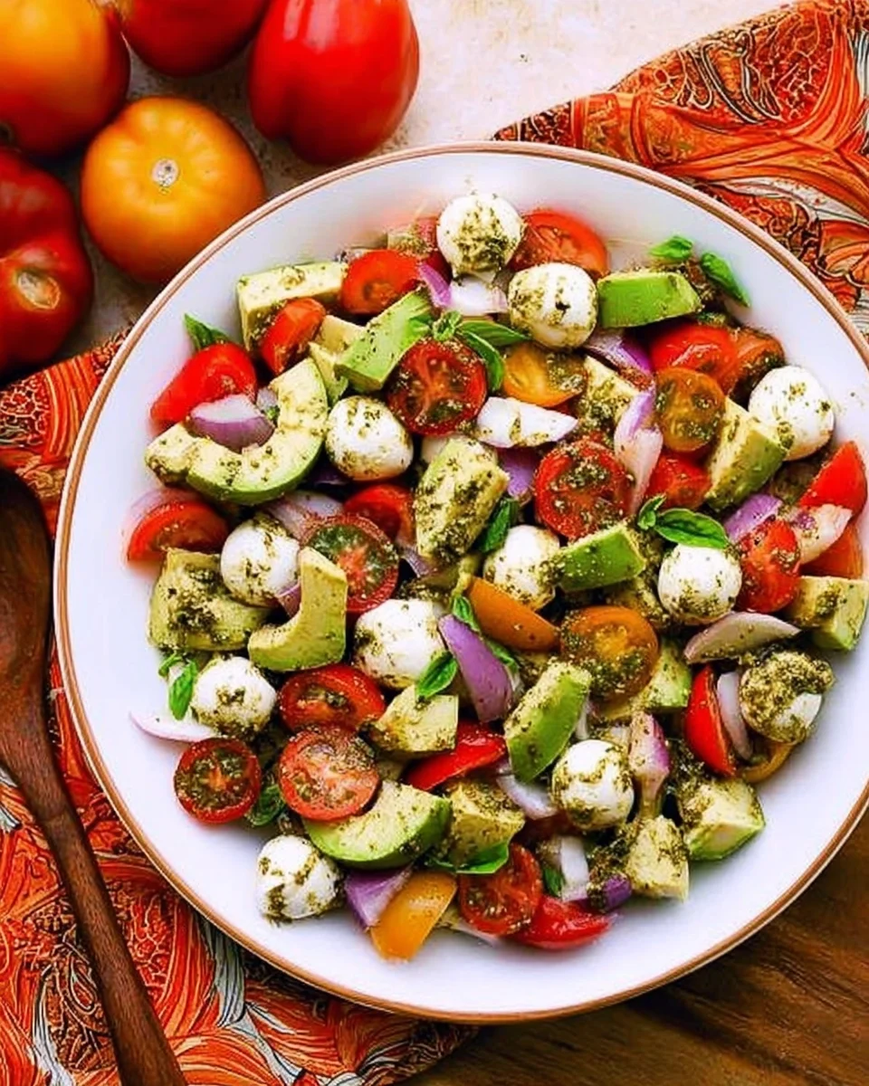 Tomato Cucumber Avocado Salad with Mozzarella and Basil Pesto