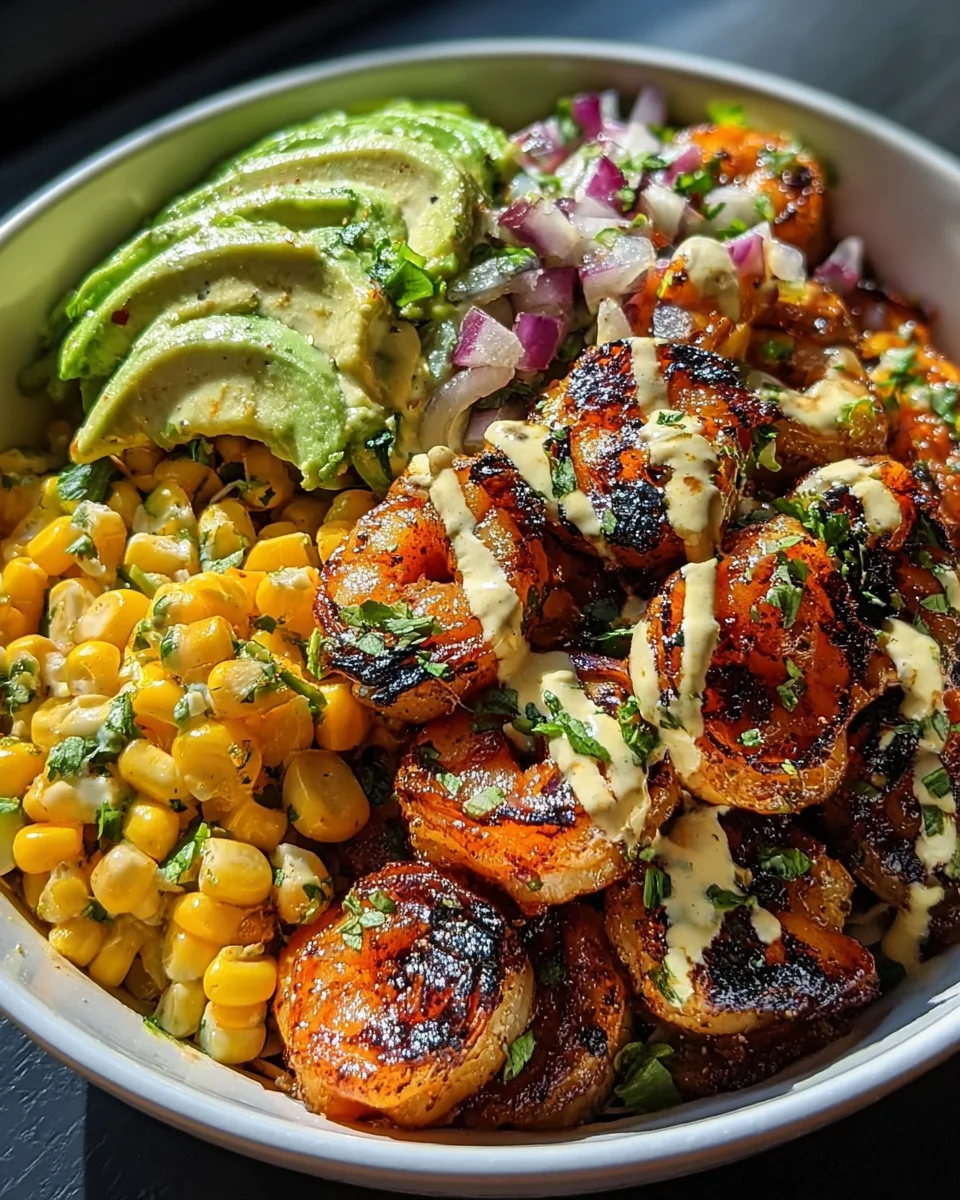 Grilled Shrimp Bowl with Avocado, Corn Salsa & Creamy Garlic Sauce