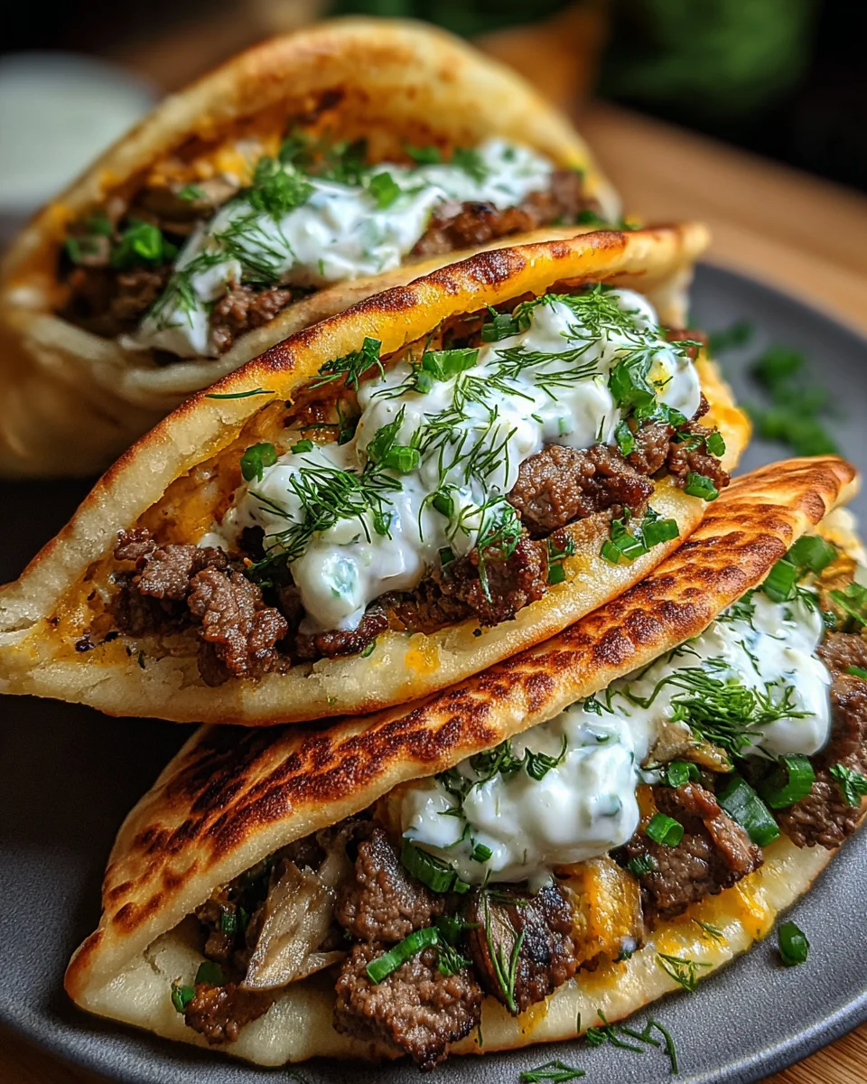 Cheesy Beef and Mushroom Pita Pockets with Tzatziki Sauce