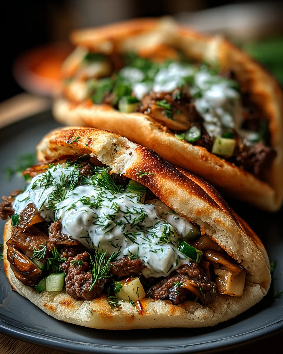 Cheesy Beef and Mushroom Pita Pockets with Tzatziki Sauce 24 Cheesy