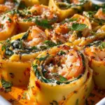 Shrimp and Spinach Stuffed Pasta Rolls with Roasted Red Pepper Cream