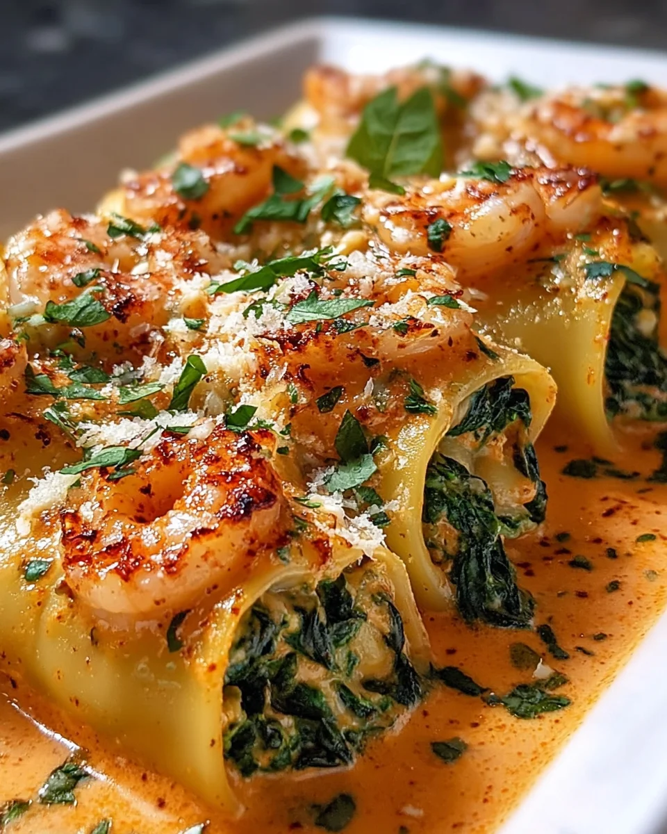 Shrimp and Spinach Stuffed Pasta Rolls with Roasted Red Pepper Cream 27 Shrimp