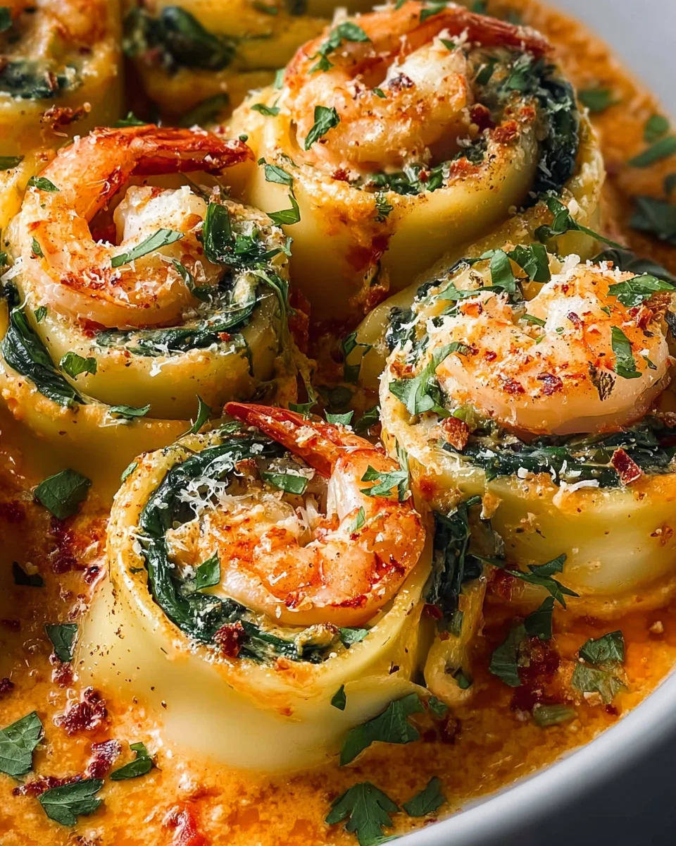 Shrimp and Spinach Stuffed Pasta Rolls with Roasted Red Pepper Cream 28 Shrimp