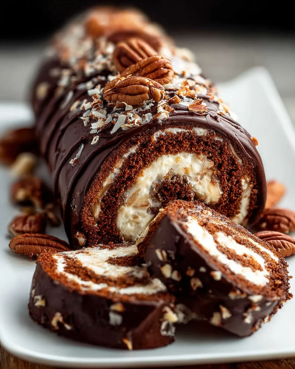 Decadent German Chocolate Coconut Pecan Roll Cake