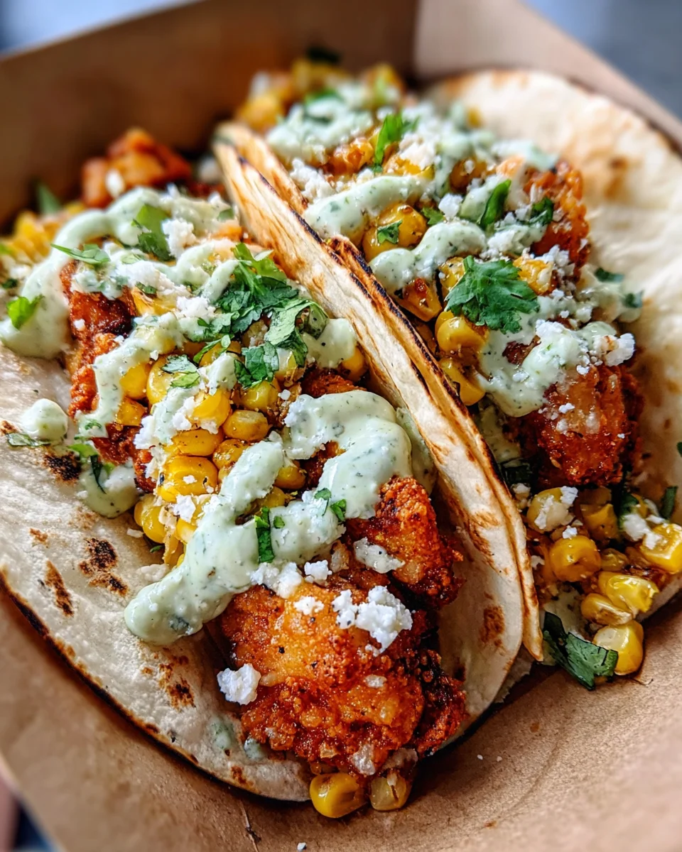 Fried Chicken Street Corn Tacos with Jalapeño Lime Ranch
