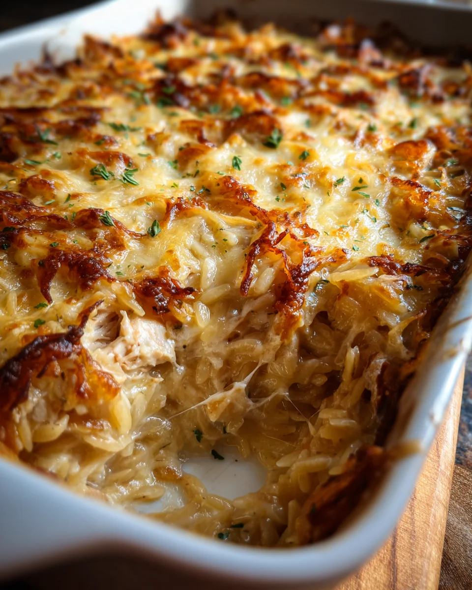 French Onion Chicken Orzo Casserole
