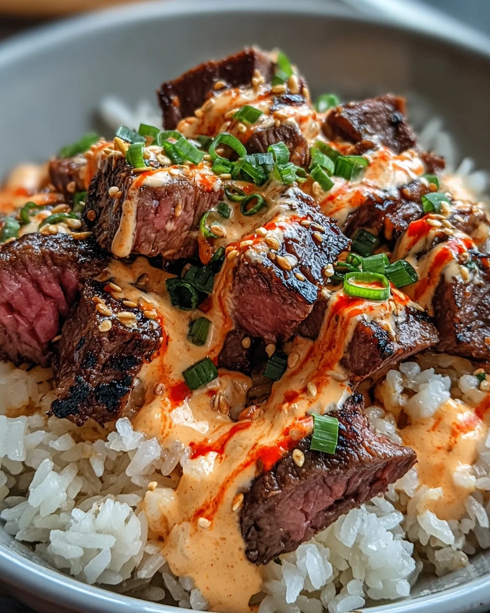 Korean BBQ Steak Rice Bowls with Spicy Cream Sauce